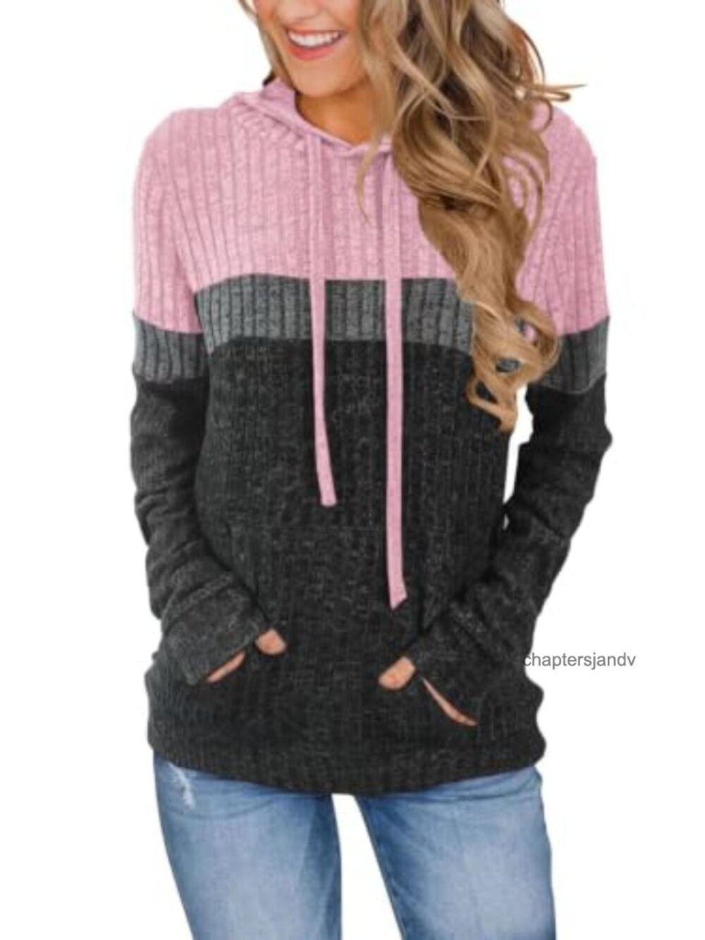 Women's Color Block Knit Hoodie Casual Long Sleeve Pullover Sweater with Pocket